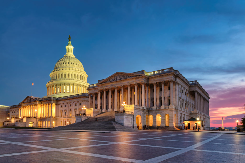 The United States Capitol Building at night in Washington DC