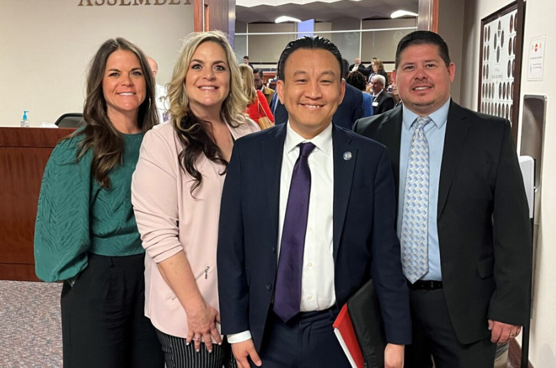 Nevada Assemblymember Duy Nguyen (center) with Great Basin FCU Chief Experience Officer Elisabeth Hadler (far left), Great Basin FCU CEO Jennifer Denoo, and Greater Nevada CU Vice President of Business Development John Ahdunko (right).