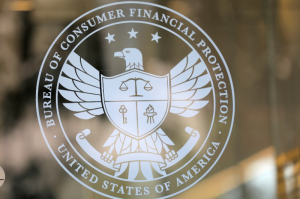 Consumer Financial Protection Bureau sign on door.
