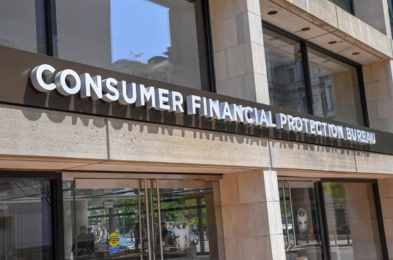 Consumer Financial Protection Bureau sign outside.